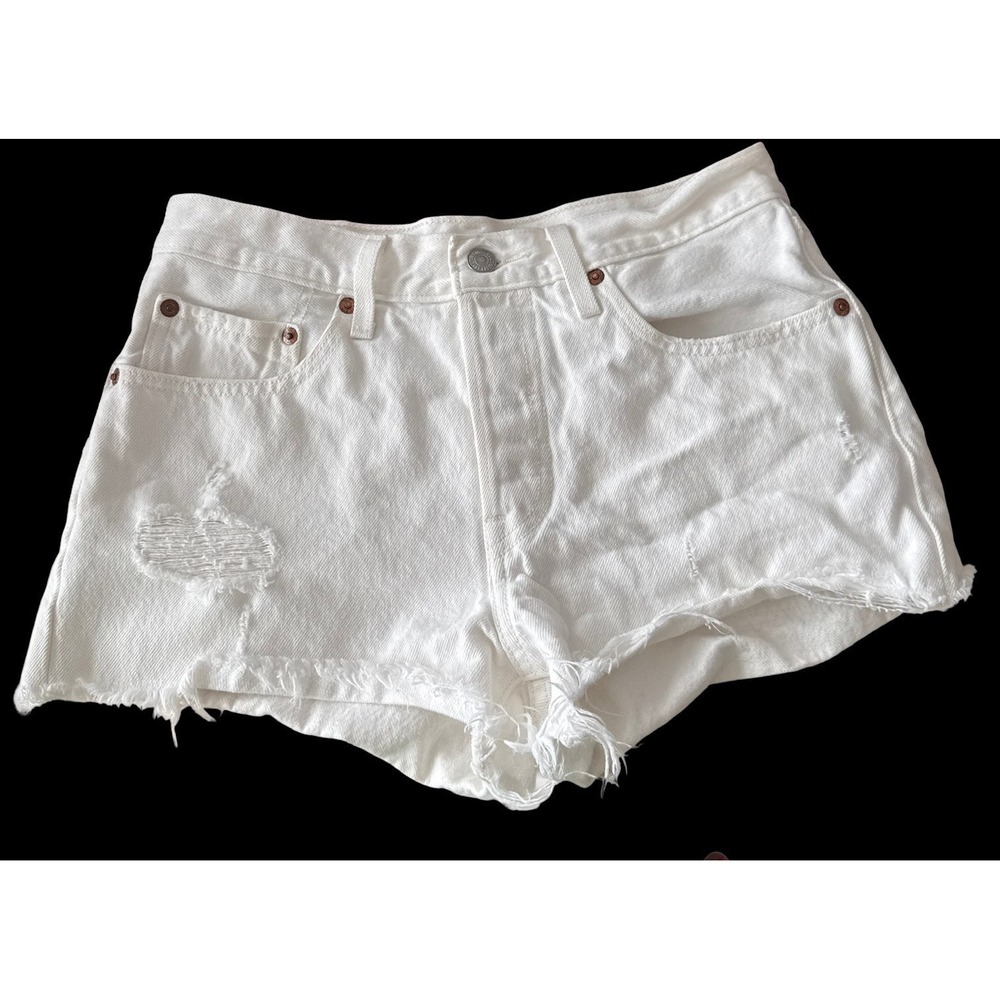 Levi's 501 White High Rise Denim Shorts Distressed Chewed Hem Women's Size 28
